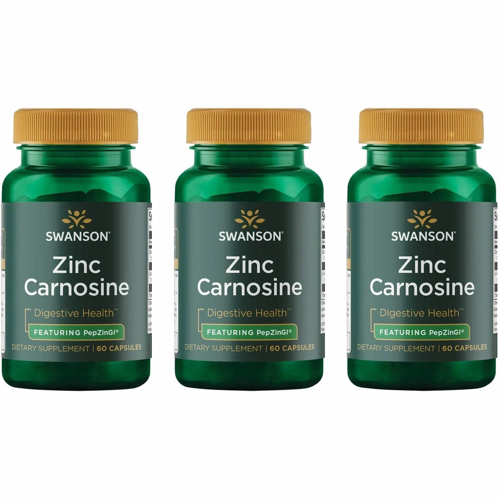 Swanson Zinc Carnosin (PepZin GI) - Naturlig kosttilskudd for å fremme gastrisk helse og digestiv støtte - støtter mikrobiell balanse i magen - (60 kapsler) (3 pakke)
