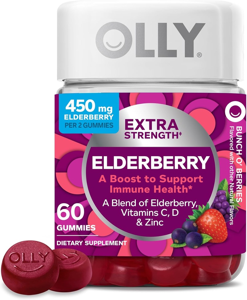 OLLY Extra Styrke Elderberry Gummies, Immun Support, 450 mg Elderberry, Vitamin C, D og Zink, Berry - 60 greve