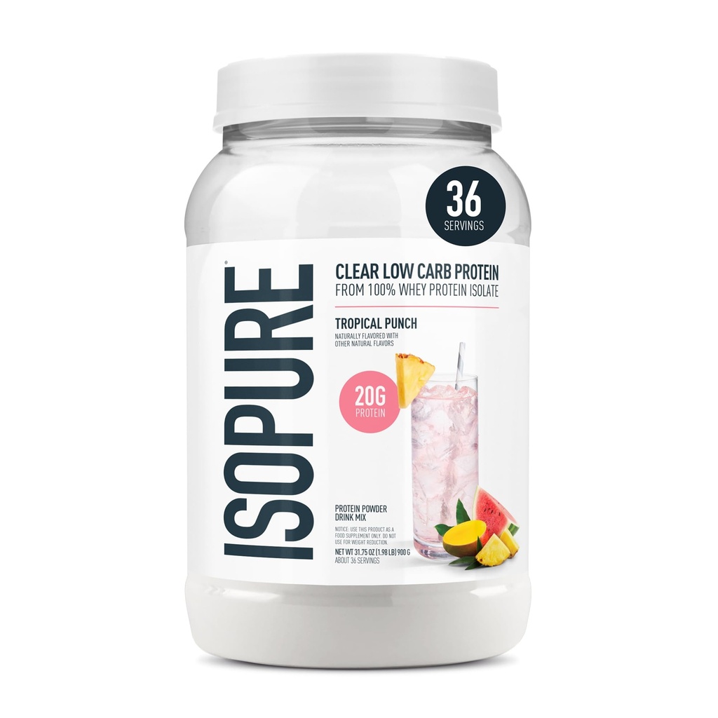 Isopure Clear Whey Isolate Protein Powder, Laktosefri, Glutenfri, Naturlig Flavored, Tropisk Punch, 20g Protein Per Serving, 1,9 Lbs, 36 Serveringer (Packaging May Vary)
