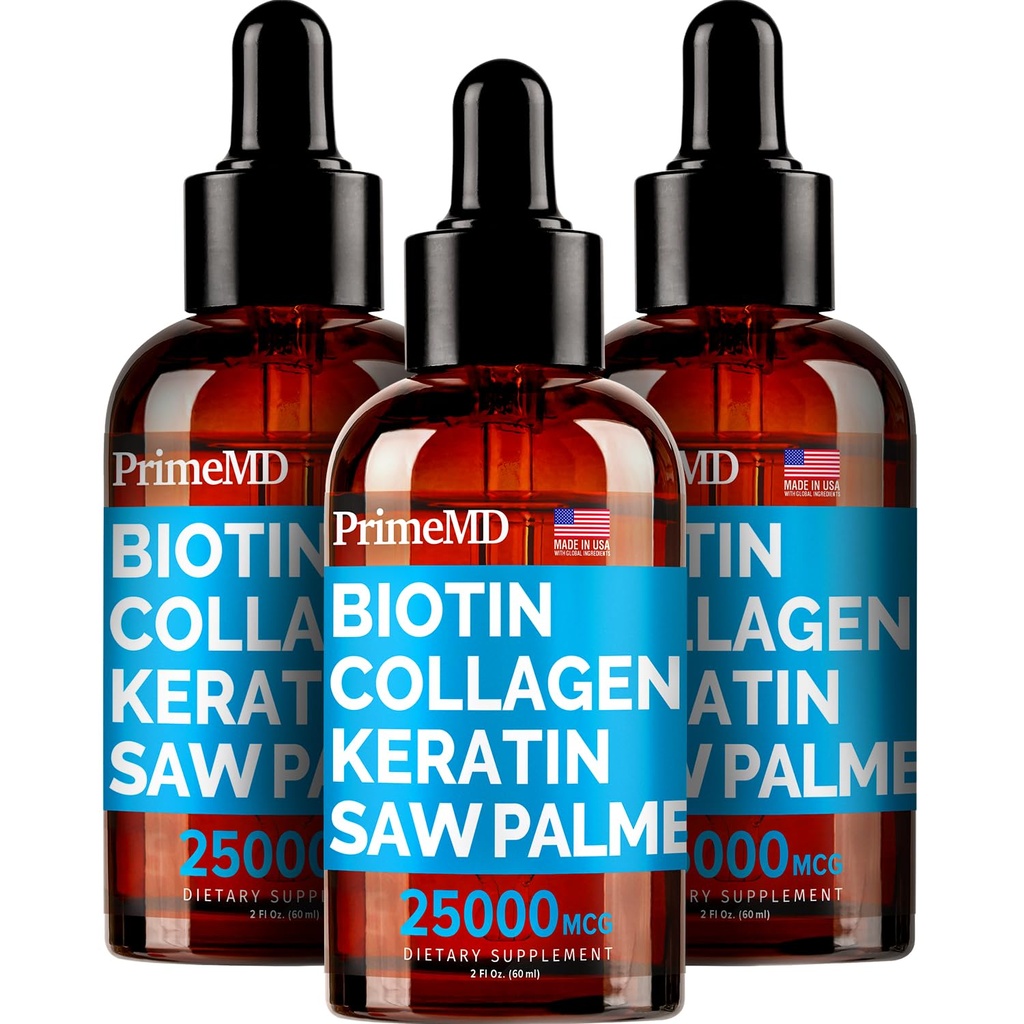 PrimeMD 4-i-1 flytende biotin kollagen keratin så Palmetto drops (3 pakke) Bundle - 25000mcg hår negler og hudvitaminer for kvinner og menn - 2 fl Oz hver, vannmelon flavor, glutenfri, ikke-GMO