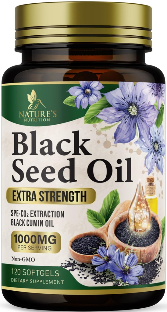 Svart Seed Oil Softgels 1000mg - Premium Nigela Sativa Black frø, ren naturlig svart cumin frøolje og antioksidant for hud og immunstøtte - ikke GMO, flaske i USA Supplement - 120 Softgels