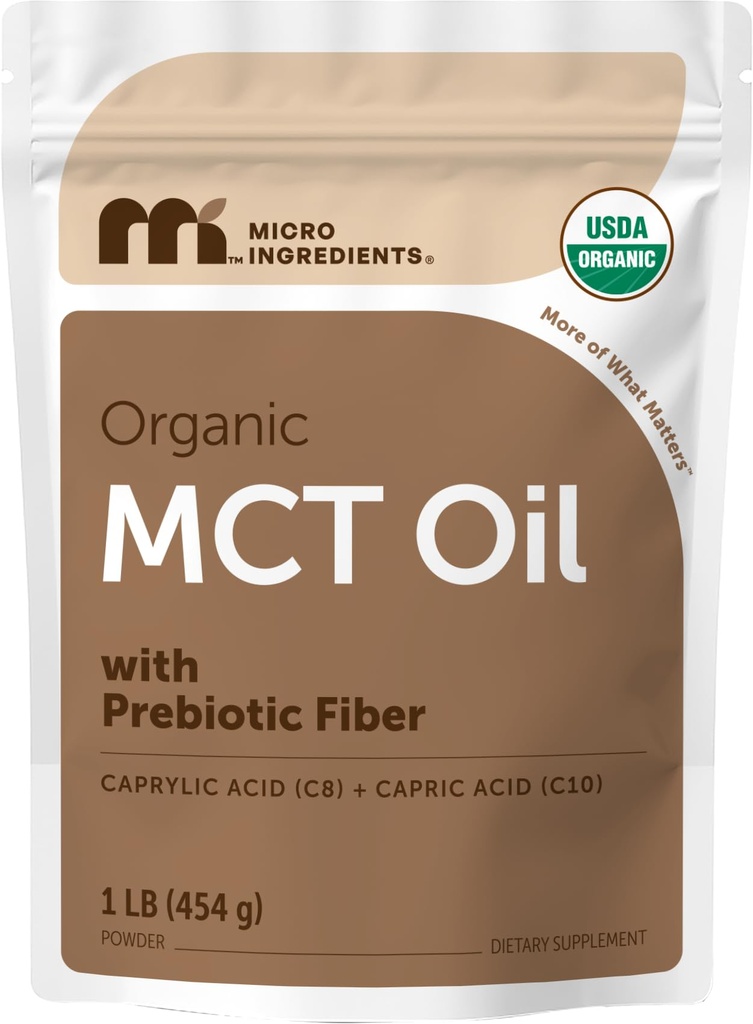 Økologisk MCT olje pulver med prebiotisk fiber, 1 pund(16 ounce), rask drivstoff for kropp og hjerne, C8 MCT olje for kaffekremer, ingen GMOs, keto diett, vegansk