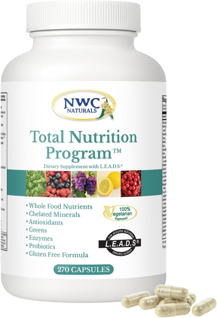 NWC Naturals Total-Nutrition Program Multivitamin med enzymer Plus Prebiotika og probiotika Supplement, Komplett omsorg for menn og kvinner, Vegetarisk Naturlig Hele Mat vitaminer, 270 kapsler