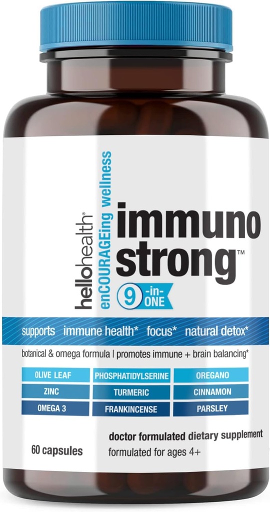 Daily Immune Support Supplement ImmunoStrong 10-i-1 Immunitet Vitaminer med immunforsterkning Oregano, Olive Leaf, Soothing Antioksidant Omega 3, Turmeric Curcumin & Zink Vitaminer for voksne og barn -60 ct