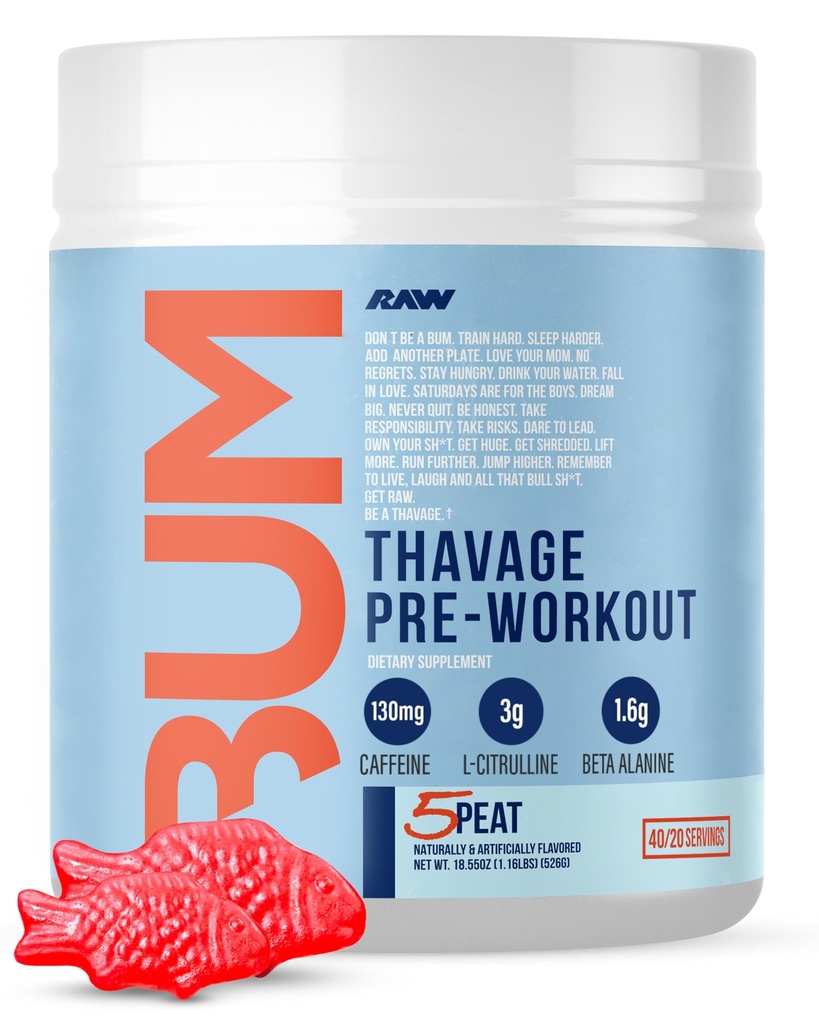 RAW Pre Workout pulver, Thavage (5 peat, rød gummy) - Chris Bumstead Sports Ernæring Supplement for menn og kvinner - Cbum Pre Workout for å jobbe ut, Hydration, mental fokus og energi - 40 Services