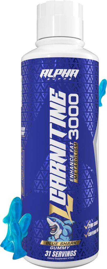 Alpha Supps L Carnitine flytende 3000 | Stimulant-fri L-karnitin Supplement for menn og kvinner | Forarbeidsenergi Boost & Muscle Recovery | Null sukker, fett, og karbohydrater | 31 Services (Blue Gummy)