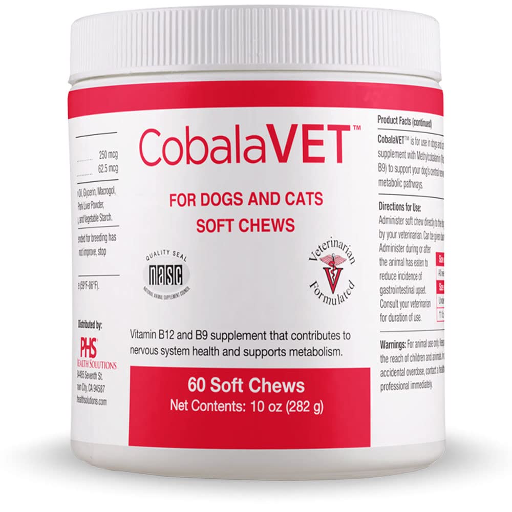 CobalaVet Vitamin B12 & B9 for små hunder og katter - støtter nervesystemet, hjernefunksjon, immunforsvar og cellevekst - blodcelleformasjon - Metabolsk bane - 60 myk Chews