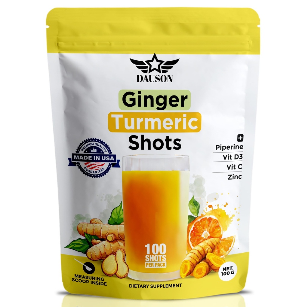 Ginger Turmeriske kosttilskudd med Piperine, vitamin C, vitamin D3 & sink | Turmeric Ginger Shots for ledd, hjerte, hjerne, Gut & hud helse | 100 serveringer | Ayurvedic pulver