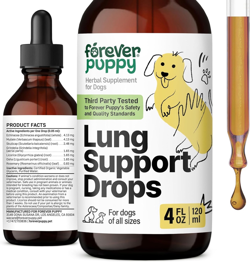 Forever Puppy Lung Støtte Drops for hunder - Respirasjonshelse Kosttilskudd - Mullein Leaf & Echinacea Urt for lunger - flytende hund vitaminer og kosttilskudd - Sukker & alkoholfri tinktur - 4 fl oz