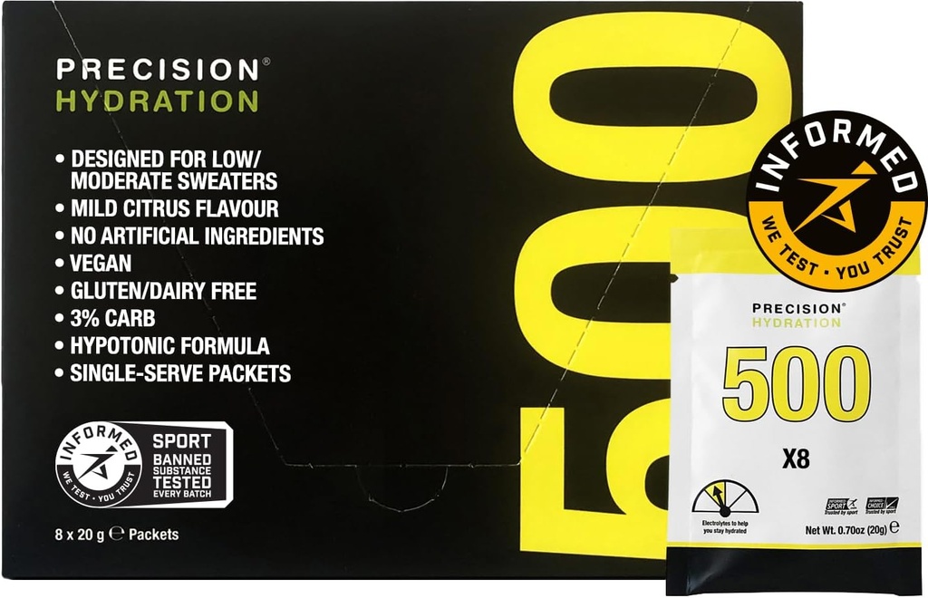 Precision Hydration Electrolyte Drink Mix - Alle naturlige multi styrke elektrolyte pulvere - Individuelle vanntett servering - Glutenfri (500 mg/l - gul pakke, pakke med 8)