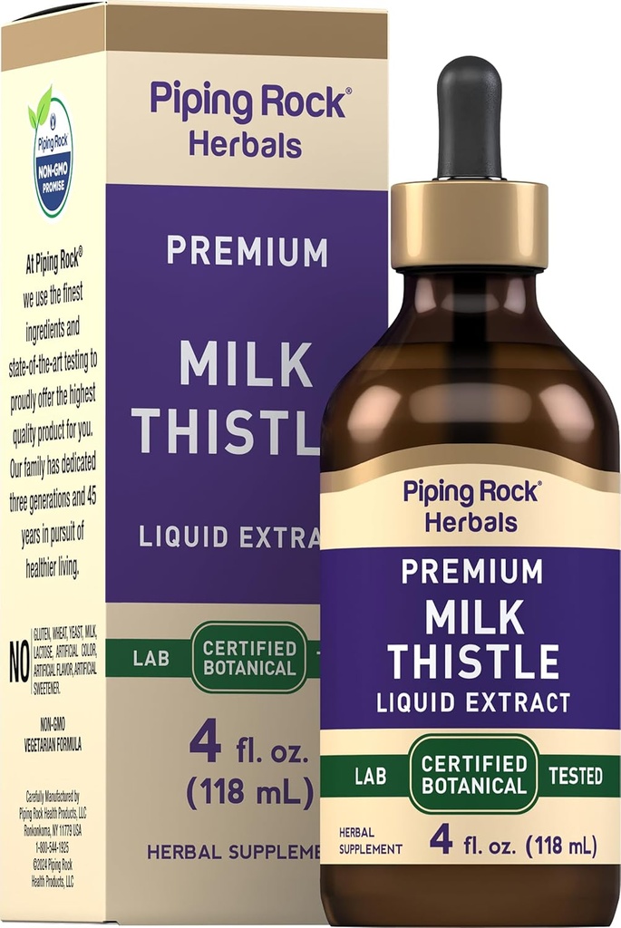 Piping Rock Milk Thistle ekstrakt flytende  Drop 4 Fl Oz | Herb Tinkture Supplement | Alkohol Gratis | Vegetarisk | Ikke GMO, Glutenfri