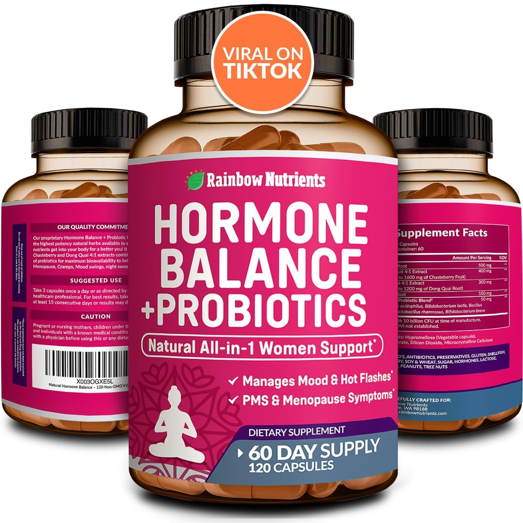 Hormone Balance + Probiotika for kvinner- naturlige Menopause Relief, Vektkontroll, Bloating, Hot Flashes, PMS Organic Maca, Chasteberry, Dong Quai & Black Cohosh