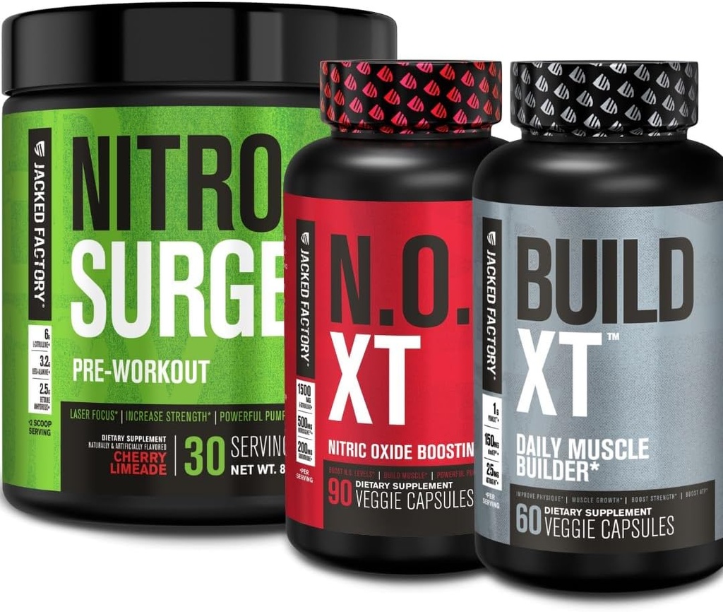 Jacked Factory Nitrosurge pre trening, N.O. XT Nitric Oxid Supplement & Build-XT Daily Muscle Builder Bundle