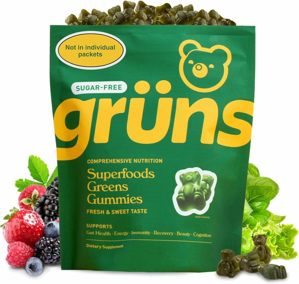 Gruns Voksen Sukkerfri Super Greens Gummies - Superfood Gummy Bears med Spirulina, Chlorella, Fiber & Prebiotika for Digestive helse, Adaptogen Supplement med 20 vitaminer og mineraler, 2 ukers forsyning