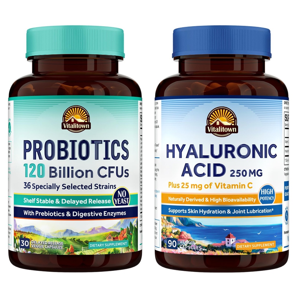 Vitalitown Gut-Skin Bundle (pakke med 2) Probiotika 120 milliarder CFU (artikkel 1) & Hyaluronsyre (artikkel 2) 30 + 90 kapsler