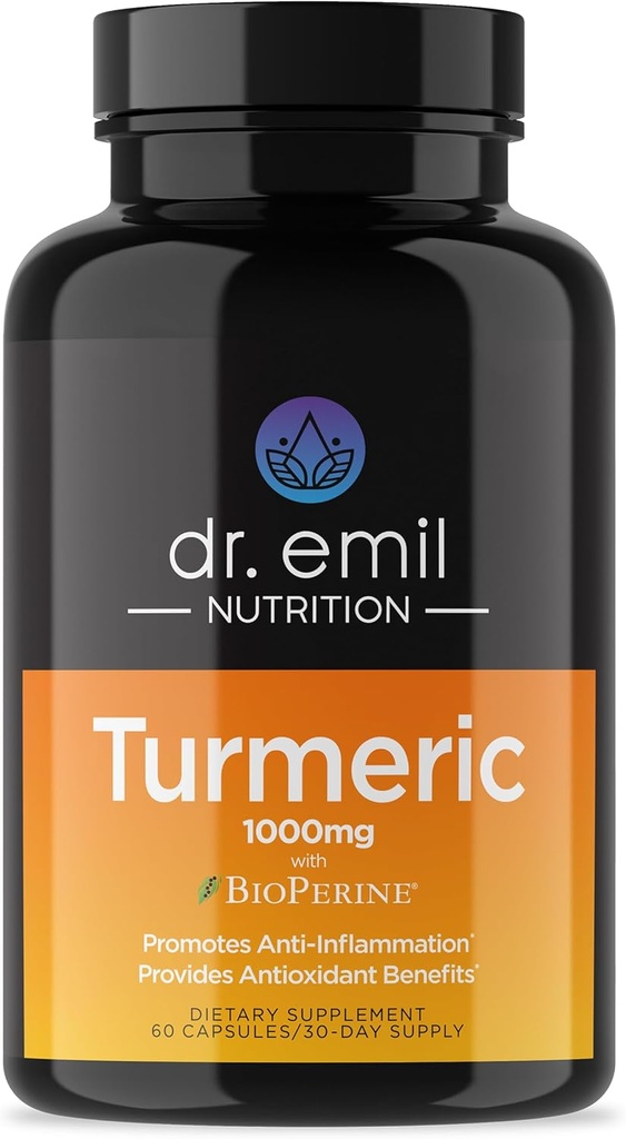 DR. EMIL NUTRITION Turmeric Curcumin med Black Pepper Supplement - Turmeriske kapsler med BioPerine for enkel absorpsjon - 1000 mg Turmeric Supplement, 60 kapsler