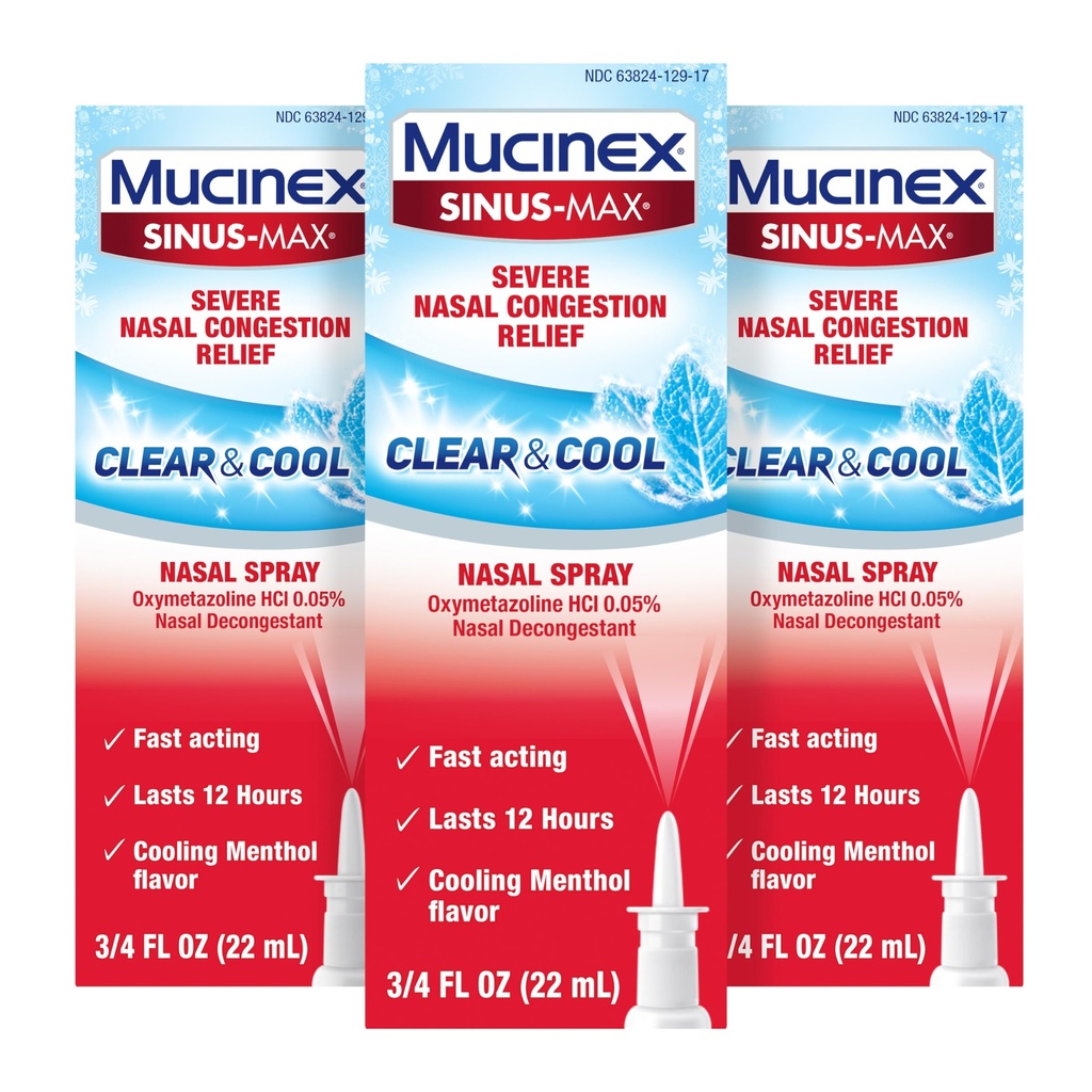 Mucinex Sinus-Max Nasal Spray Decongestant, 12 timer Over-The-Counter Medisin Nose Spray for Sinus Relief, Nasal Decongestants for voksne, Kjøle Menthol, 0,75 Fl Oz (Pack of 3)