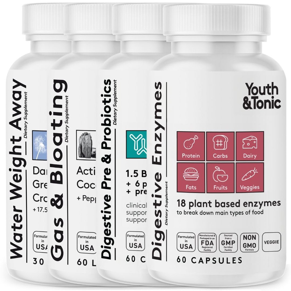 Ungdom og Tonic Bloating Relief med pre & probiotika fra vanntetthet, gass eller mat digestion med vannpiller, flytende aktivert Charcoal og Digestive Enzymes Bundle Pack