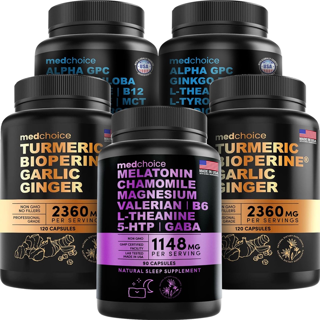 MEDKOICE Sleep Melatonin (90ct), Turmeric & Ginger (240ct) og Nootropic Brain (120ct) Supplement Bundle - Velvære Trio for hjerne, søvn, & immunsupport - Vegansk, ikke-GMO, Glutenfri