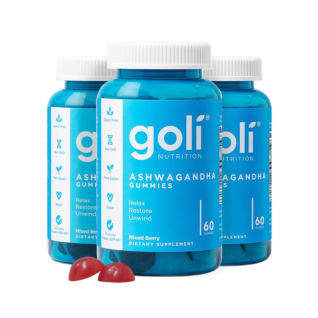 Goli Ashwagandha & Vitamin D Gummy - 180 greve - Blandet Berry, KSM-66, Vegan, Plant Basert, Ikke-GMO, Glutenfri og Gelatin Gratis slappe av. Gjenopprett. Utvind, pakke med 3