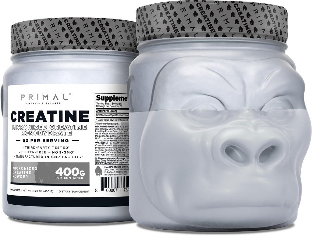 Primal kreatinmonohydrat pulver (400 gram) | Unflavored mikronisert kreatin muskelutvikling Supplement for pre-workout og gjenoppretting | 5g kreatinmonohydrat per servering