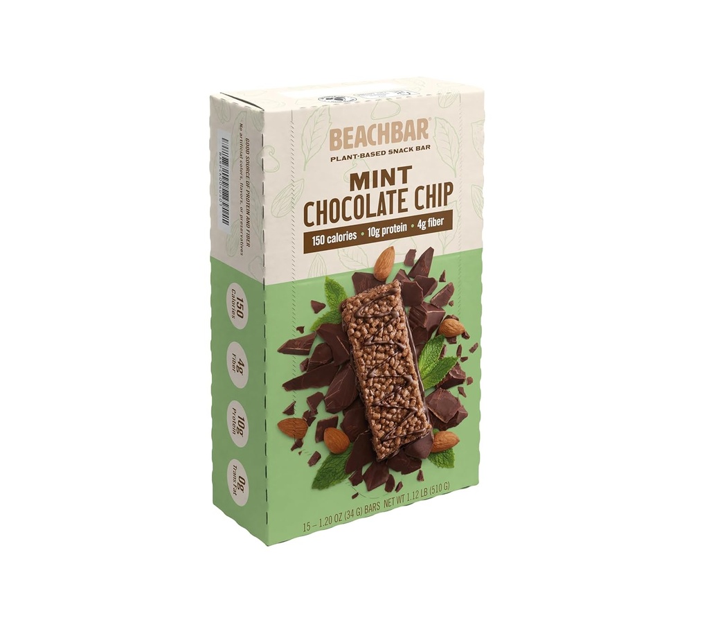 BODI BEACHBAR Plantebasert mint sjokolade Chip - Protein rik vegansk snack bar, glutenfri, lav glykemisk indeks, 10g protein, 150 kalorier, 15 Barer per boks