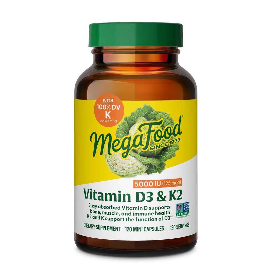 MegaFood Vitamin D3 5000 IU (125mg) - Vegetariske kosttilskudd med vitamin D3 K2 - Støtter bein, tenner, muskler og immunhelse - sertifisert ikke-GMO - 120 Mini Capsules, 120 Services