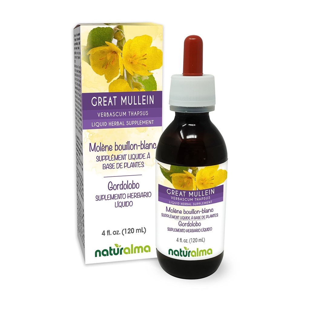 Naturalma Great Mullein eller vanlig mullein (Verbascum thapsus) Blomster og blad alkohol-fri tinktur - 4 fl oz flytende ekstrakt i dråper - Herbal Supplement - Vegan