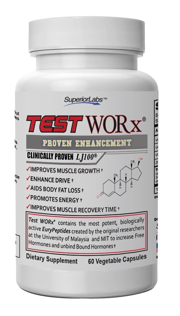 Superior Labs Test Worx Natural Testosteron Booster Supplement med klinisk bevist LJ100 og 8 andre kraftige ingredienser - merkbar økning i energi, utholdenhet, gjenoppretting, søvn og humør