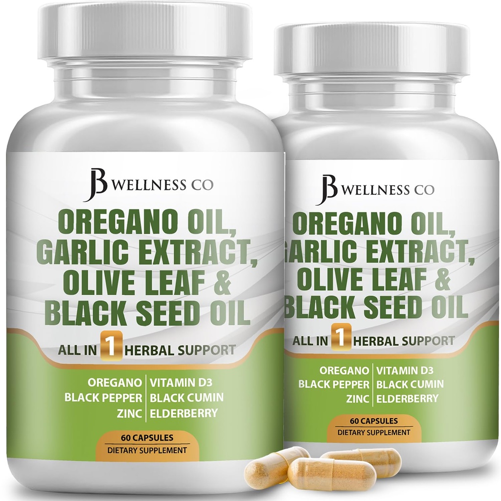 JB wellness Oregano olje, hvitløk ekstrakt, Olive Leaf, med Astragalus - Immun støtte og digestiv helse supplement for kvinner og menn - 120 greve