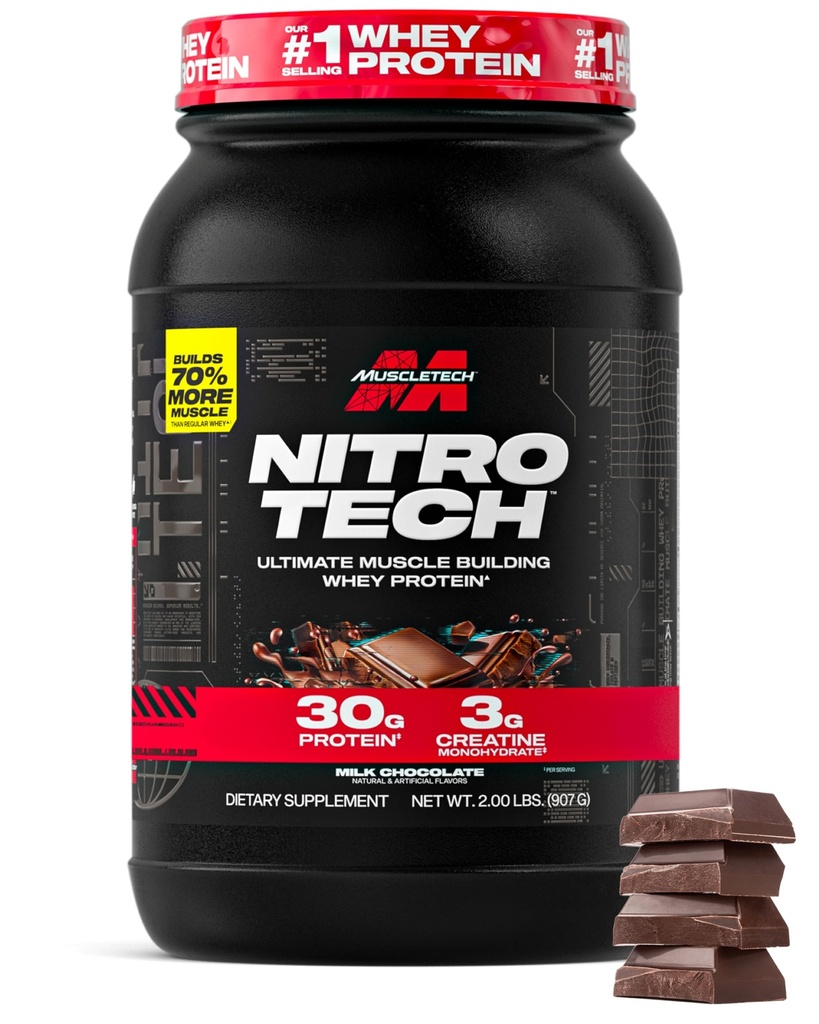 Muscletech Whey Protein pulver (Milk sjokolade, 2 pund) - Nitro-Tech Ultimate Muscle Building Formula med Whey Protein Isolate - 30 g protein, 3 g kreatin & 6,8g av BCAA - emballasje mai Vary
