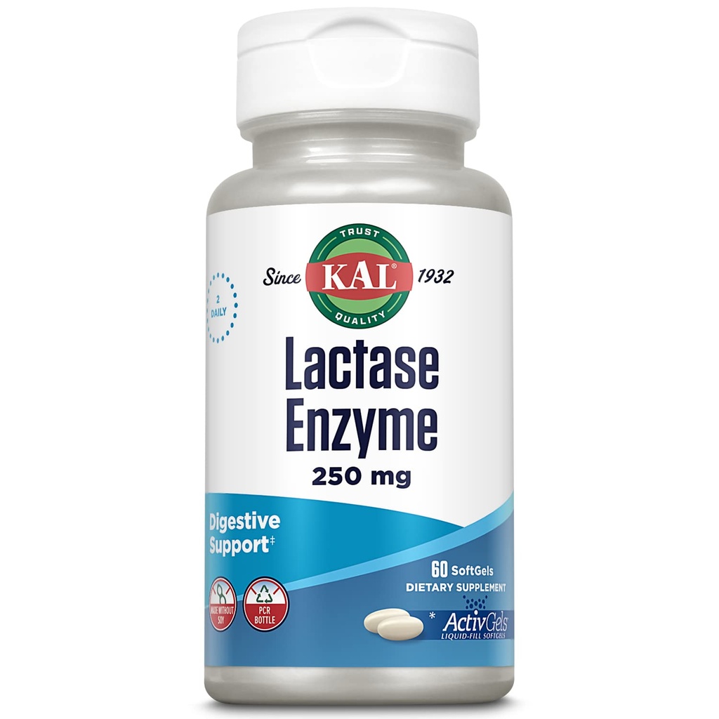 KAL Lactase Enzyme 250 mg, sunn Digestion Støtte for Laktose Intolerance, væskefyldedede aktivGels laget uten soya, 250 FCC enheter, 30 Services, 60 SoftGels