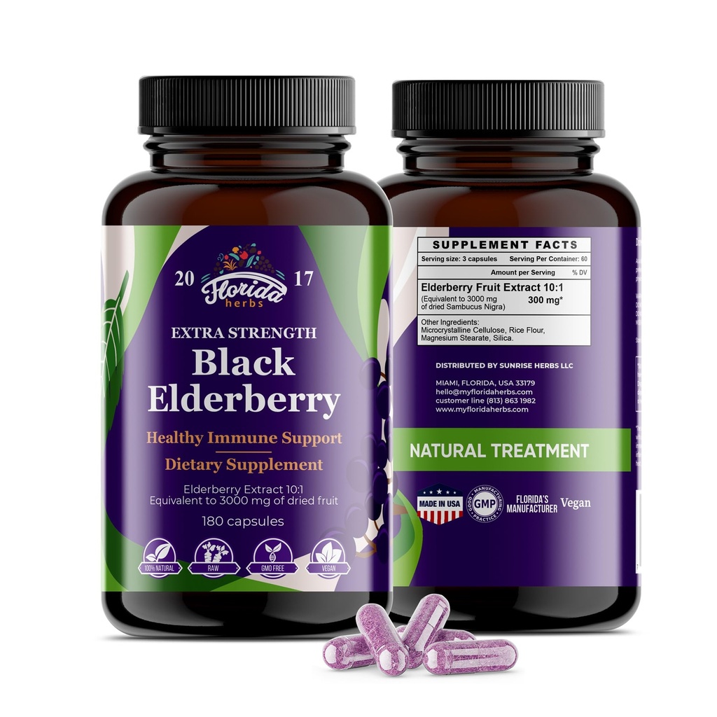 Svart Elderbær Capsules | 180 greve | Sambucus Elderbær Vitaminer, Ikke-GMO, Glutenfri, Økologisk Elderbær Ekstrakt Sambucus Nigra