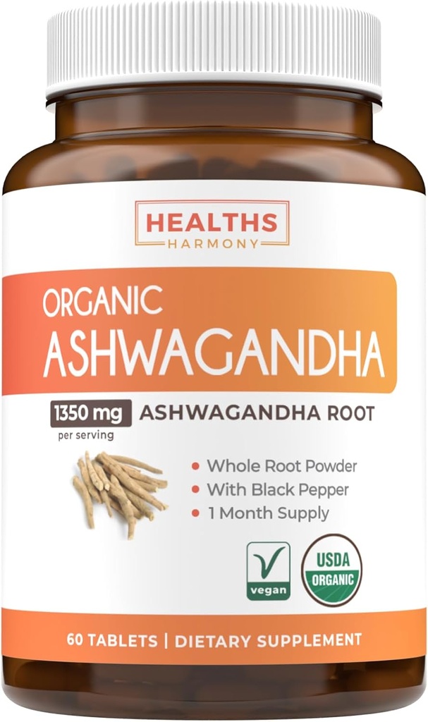 USDA Organic Ashwagandha Supplement - høy styrke Ashwagandha piller laget med organisk svart pepper for forbedret absorpsjon - Vegansk ikke-GMO laget i USA og Lab verifisert (1 måneders forsyning)