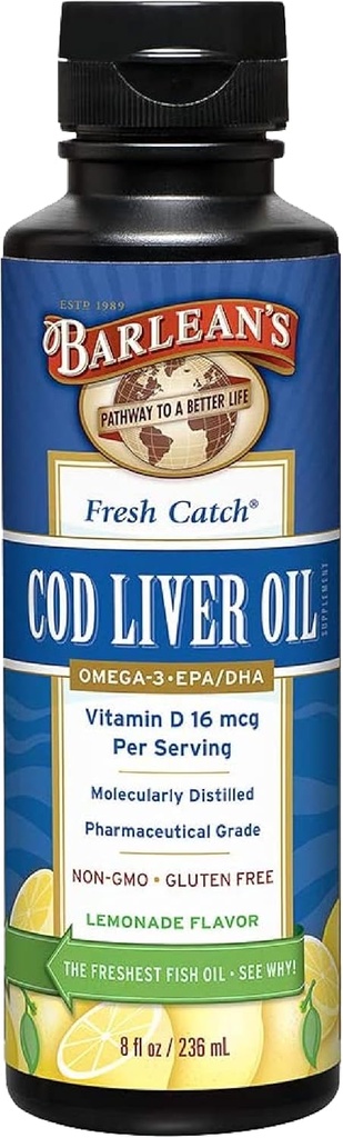 Barlean Cod Liver Oil Liquid Supplement, Omega 3 Fiskeolje med 900 mg EPA og DHA Plus Vitamin D, Kosttilskudd for felles, hjerne og hjerte helse støtte, Lemonade Flavor, 8 oz