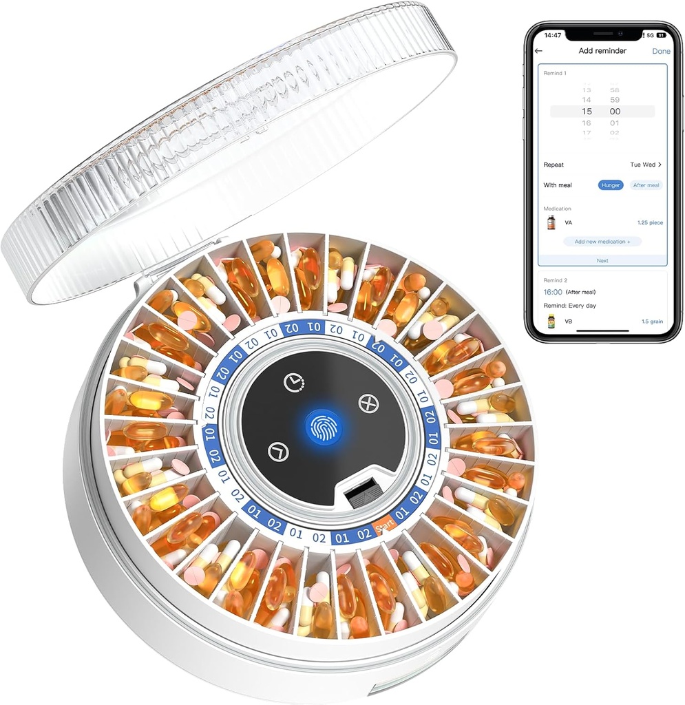 Zoksi Premium 31-Slot Automatic Pill Dispenser med fingeravtrykk og nøkkellås, Smart Medisinering Organizer med Alarm & Light, Elektronisk Pill Organizer for eldre & glemsomhet