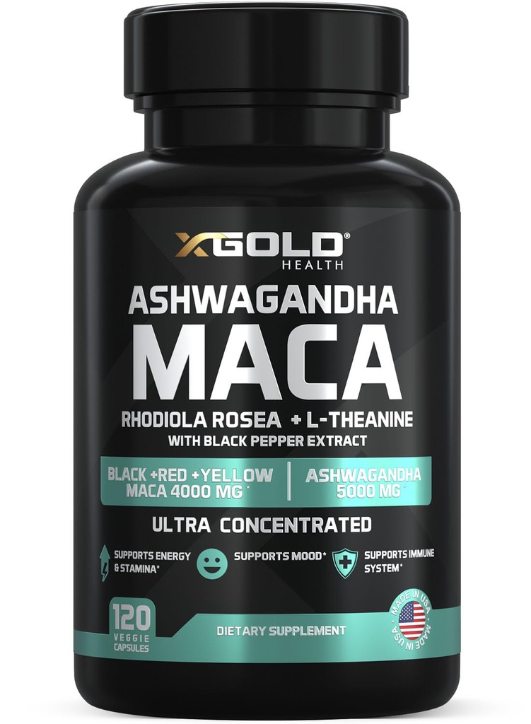 Ashwagandha 5000mg + Maca Root Black, rød, gul 4000mg, Rhodiola & L-Theanine: 30:1 Ekstrakt Ashwagandha Kapsler, 20:1 Ekstrakt Maca Root Capsules - Supplement for menn og kvinner