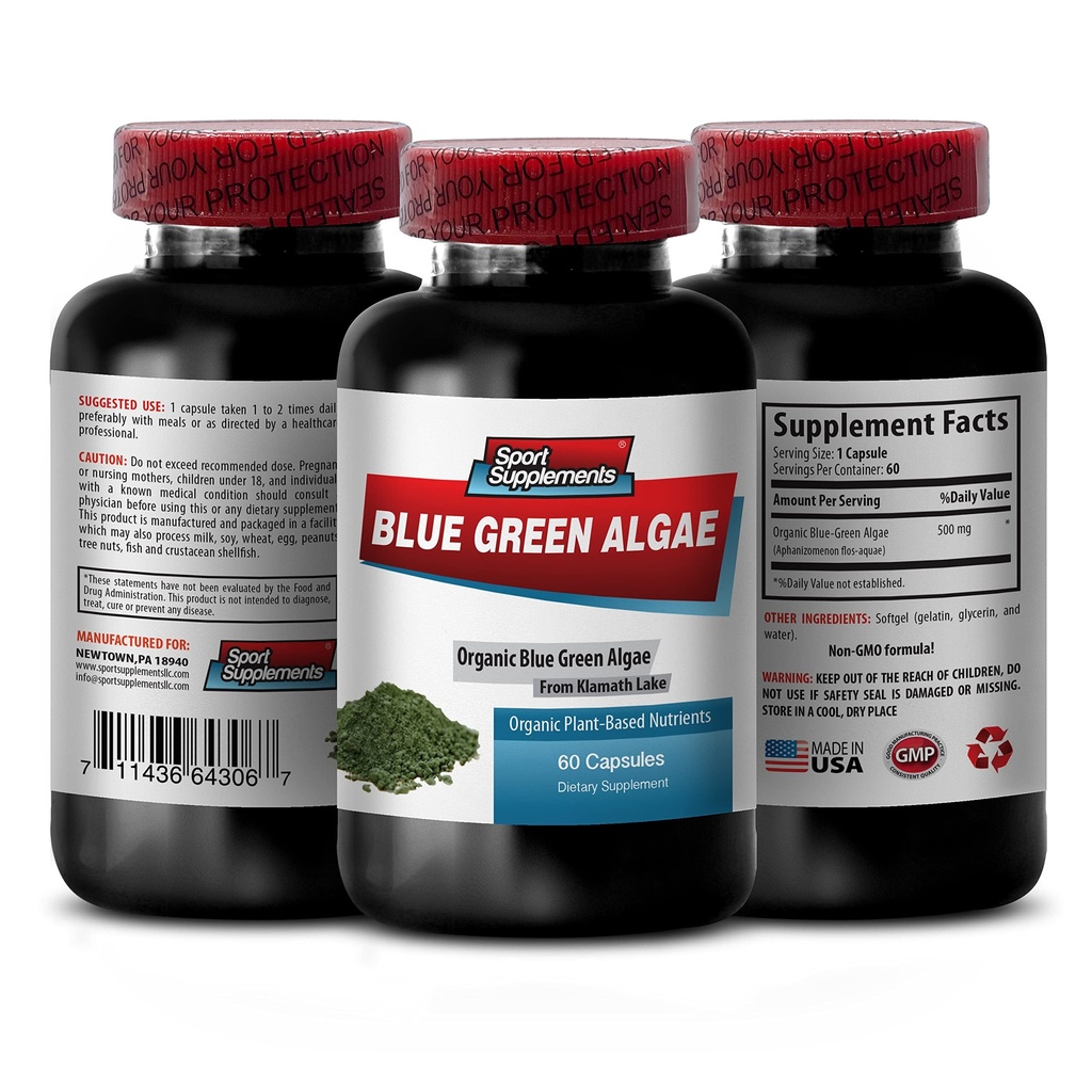 Pure Herbal Supplement - Klamat Blå Grønn Algae 500mg - Øk energinivåene, Forbedre Digestion og Forbedre Immunsystem, spirulina, klorella, Klamat Blå Grønn Algae pulver - 1B 60 Kapsler