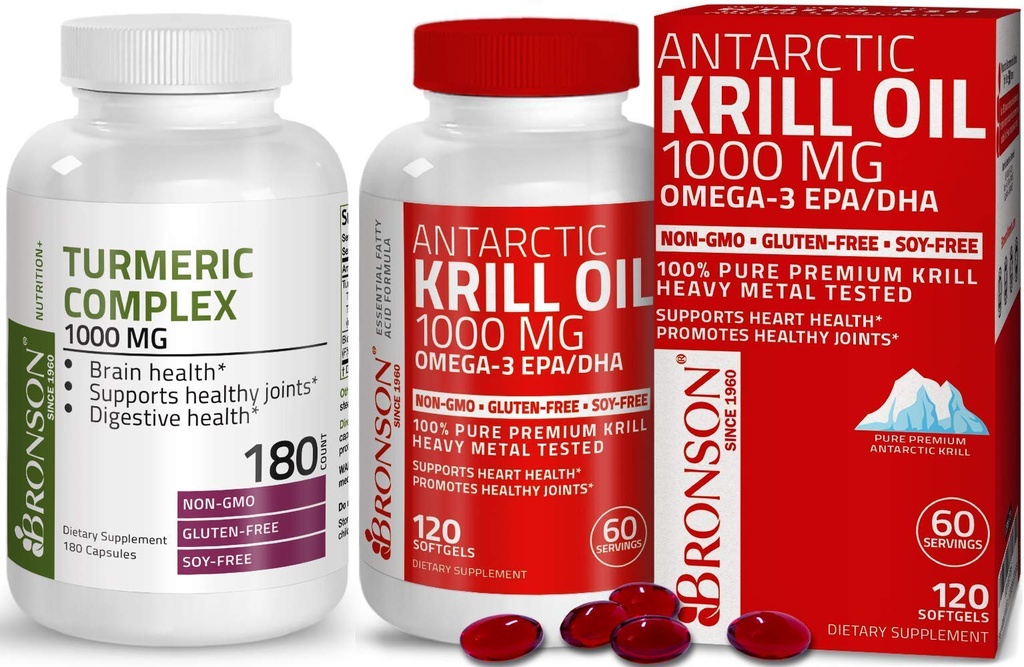Bronson Turmeric Curcumin med BioPerine høy potens Premium felles støtte + Bronson Antarktis krill olje 1000 mg med Omega-3s EPA, DHA