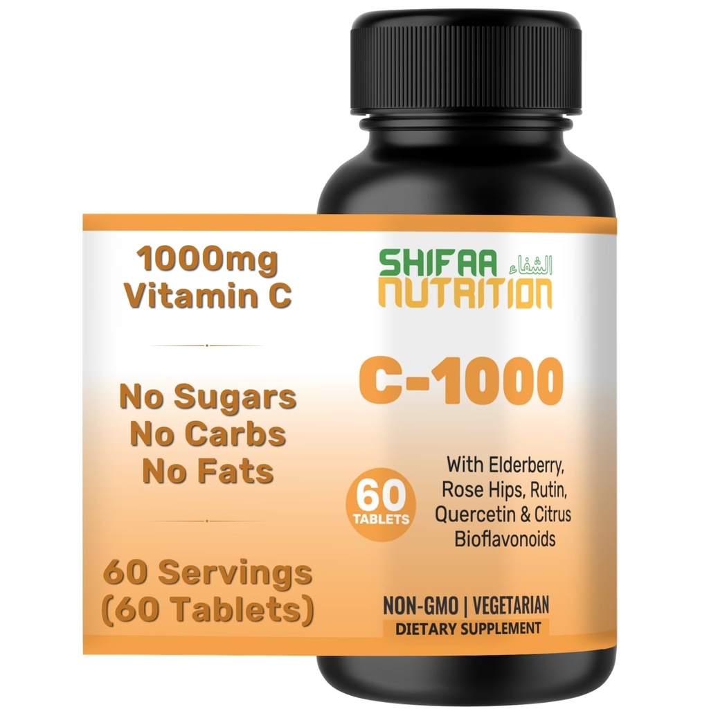 SHIFAA NUTRITION Halal vitamin C-1000mg tabletter, 60 dager forsyning. Immunstøtte Supplement med vitamin C, eldrebær, Quercetin, Rose HIPS & Rutin. Vegetarisk, ikke-GMO, Sukkerfri og ketovennlig