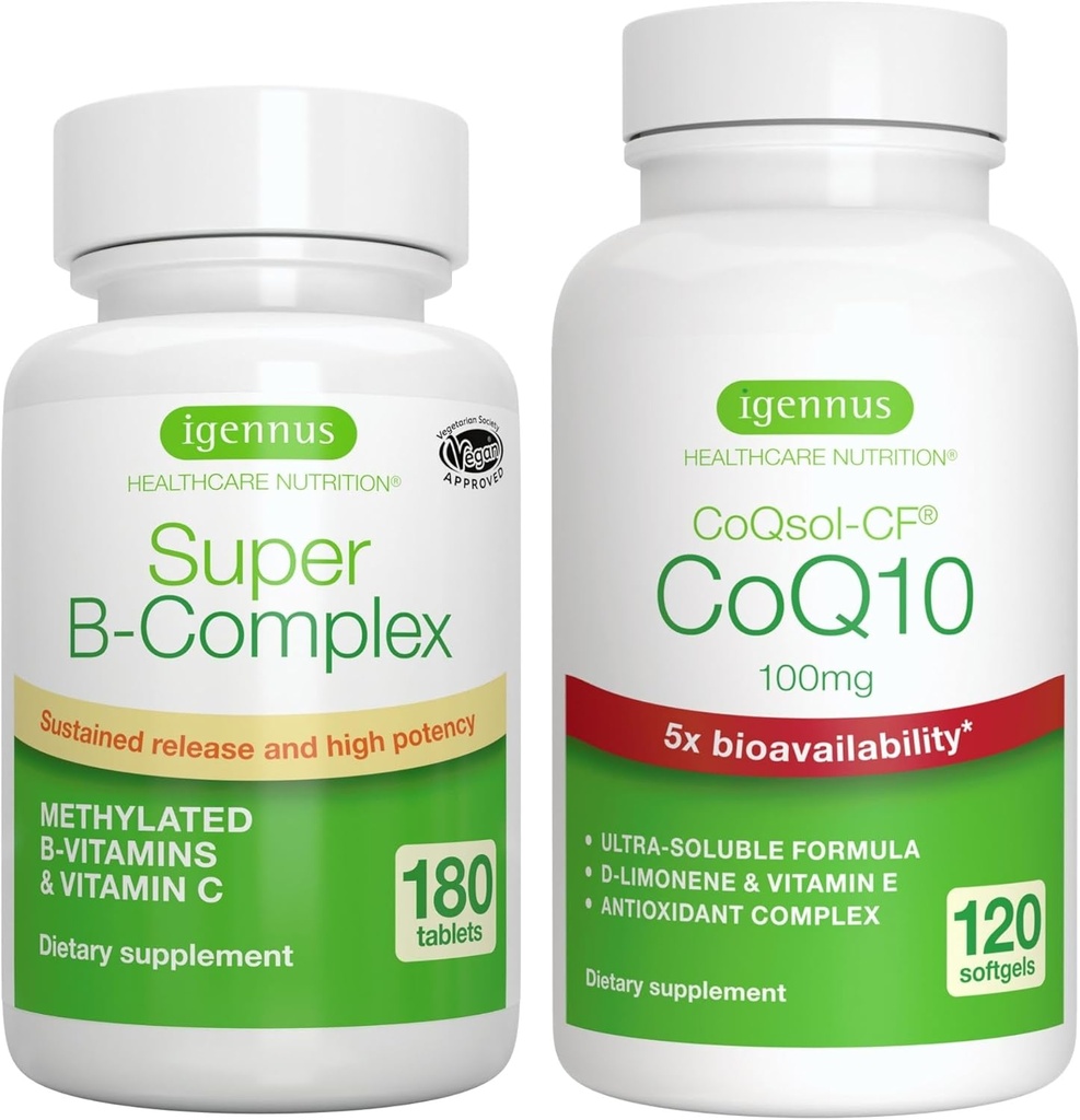 Super B-Complex 180 Tabletter + høy absorpsjon CoQ10 100mg 120 Softgels Energy Bundle, Methylated Access Release B Complex + CoQ10 med vitamin E & D-Limonen, av Igennus