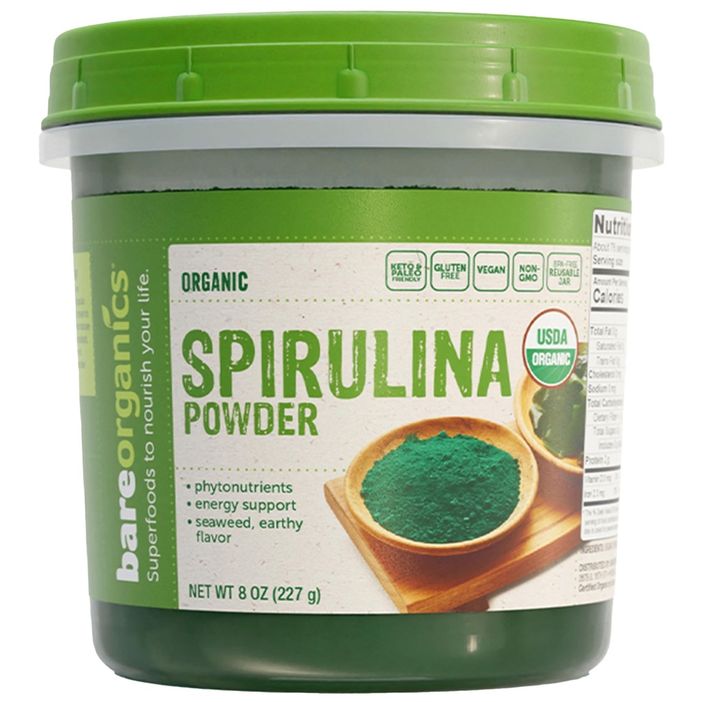 BareOrganikk Spirulina pulver - organisk Superfood pulver - Vegan, ikke-GMO, Glutenfri - høy protein, antioksidant-Rik for smoothies, jusser, rister og daglig velvære, 8 Oz