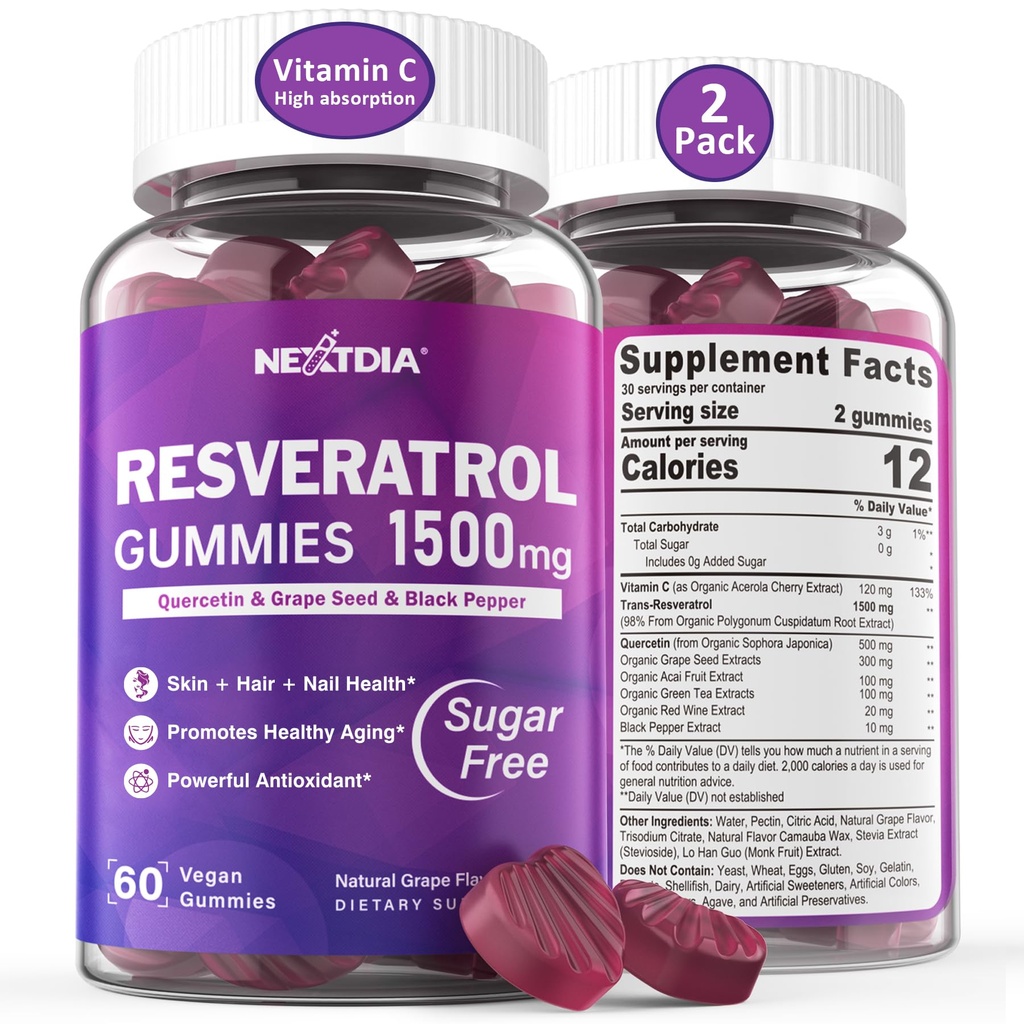 Resveratrol Supplement 1500mg - Resveratrol Gummies støtter NAD+, NMN & NMNH Synergy, med Quercetin, Grape Seed, Acai Berries ekstrakter for antioksidant, sunn aldring og lang levetid, Hud, Hud - 2Pcs