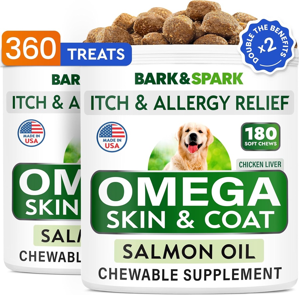 BARK & SPARK (pakke med 2 Omega 3 for hunder - 360 fiskeolje Chews for hund shedding, hudallergi, kløe relief, varme flekker behandling - felles helse - Hud & Coat Supplement - EPA & DHA Fettsyrer