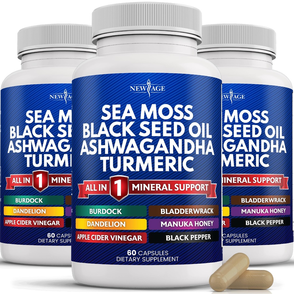New Age Silica Sea Moss, Svart Seed Oil, Ashwagandha, Turmeric, Bladderwrack, Burdock - med Manuka, Honning Dandelion, ACV Black Pepper Glutenfri