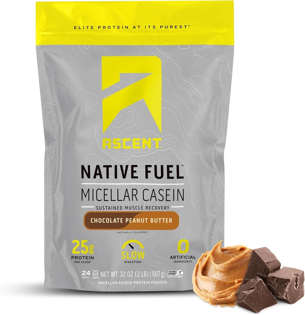 Ascent Casein Protein pulver - 25g Micellar Casein pulver med null kunstige flavors og søtstoffer, Glutenfri, Ingen tilsatt sukker, 4,9g BCAA, 2,2g leucin - sjokolade peanut smør, 2 pund