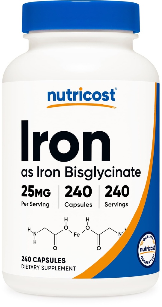Nutricost Iron Bisglycinate Supplement (25mg) 240 Kapsler - fra Ferrous Bisglycinate Chelate - Ikke-GMO & Glutenfri