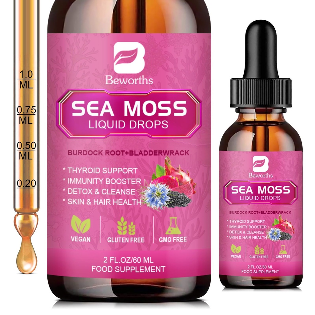 Sjø Moss flytende dråper - organisk svart frøolje Irsk sjø Moss Gel med Burdock Root, Bladerwrack, Elderberry, vitamin C, D3, 6X Sterkere Seamoss Gel for Digestive, Hår Helse - Vegan
