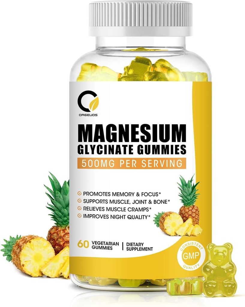 (1 pakke) Magnesium Glycinate Gummies, høyabsorpsjon Magnesium Supplement med kalsium og vitaminer, støtte bein, muskel, natt, minne og humør, Vegansk, ikke-GMO, 60 greve, Pineapple Flavor
