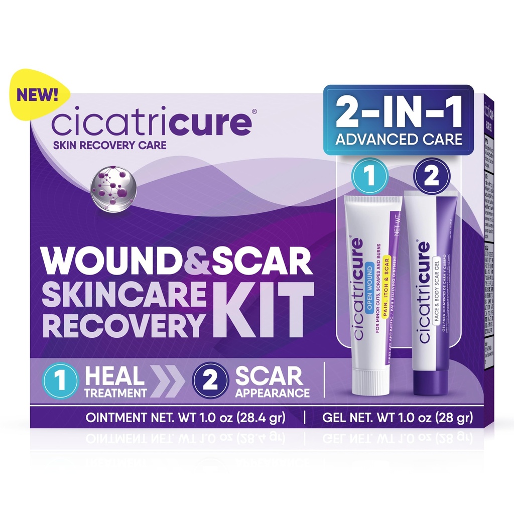 Cicatricure Skin Recovery Kit: Avansert Scar Gel & åpen sårpleie Antibiotisk Ointment, reduserer strekkmerker, kirurgisk & akne arr, behandler kutt og Burns, 1 oz Hver - for voksne og barn